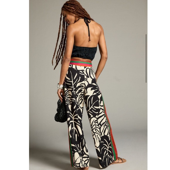 Farm Rio Anthropologie Wide Leg Linen Pants Black White Monstera Leaf Small Boho - Picture 3 of 13